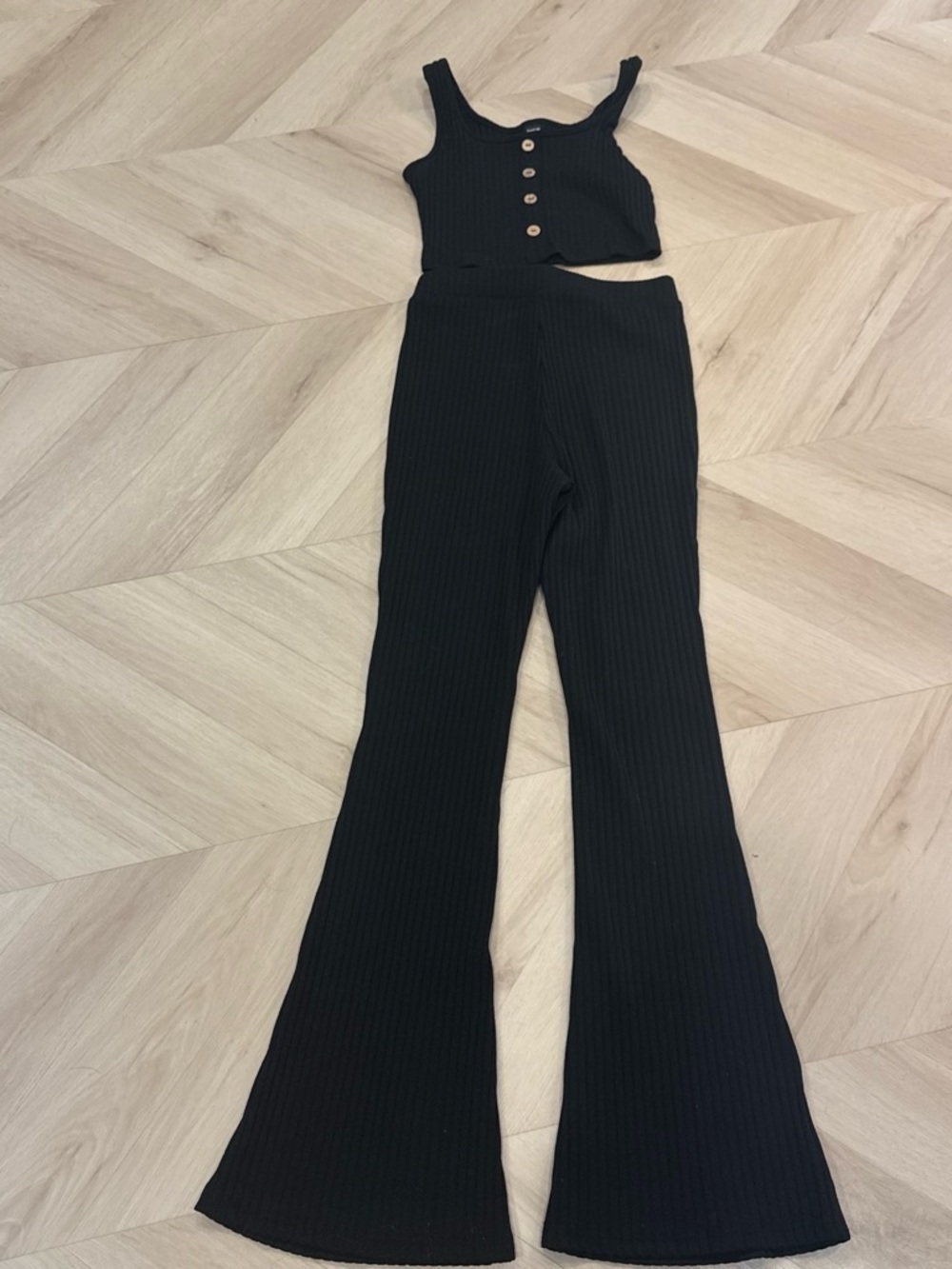SHEIN Black Ribbed Flare Pants & Button Crop Tank Set